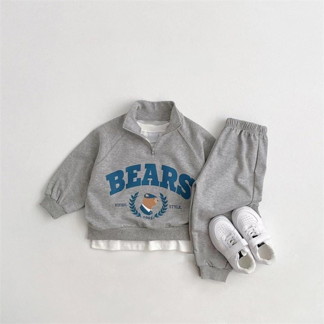 Wholesale Cotton Children's Cartoon Bear Zipper Sweatshirt Sweatpants Set